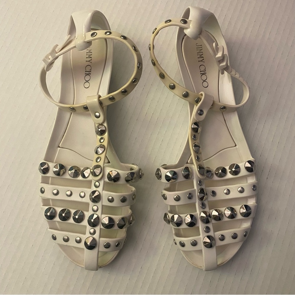 Jimmy Choo Jenny White Sandals with Silver Studs GUC 36
